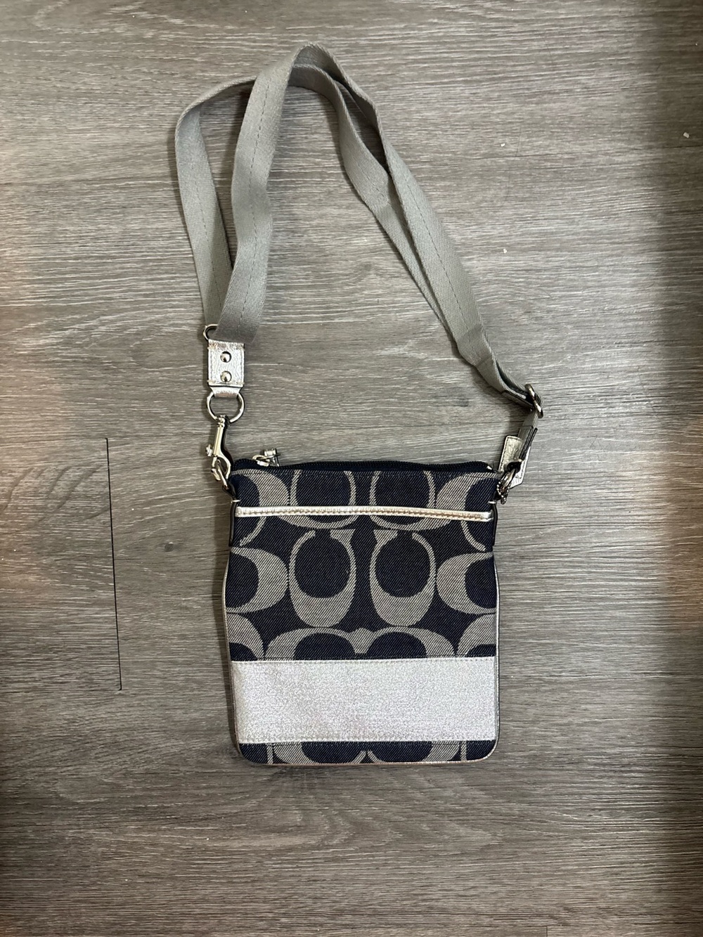 Coach Navy and Khaki Signature Canvas Crossbody with Silver Accent
